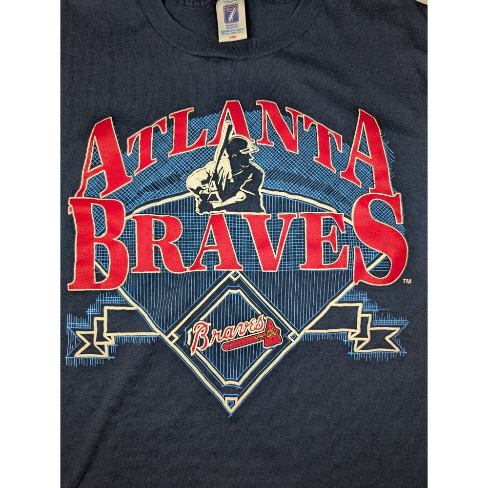 Vintage Atlanta Braves Baseball T Shirt Mens Large Logo 7 Navy Blue Tomahawk 90s - Picture 6 of 11